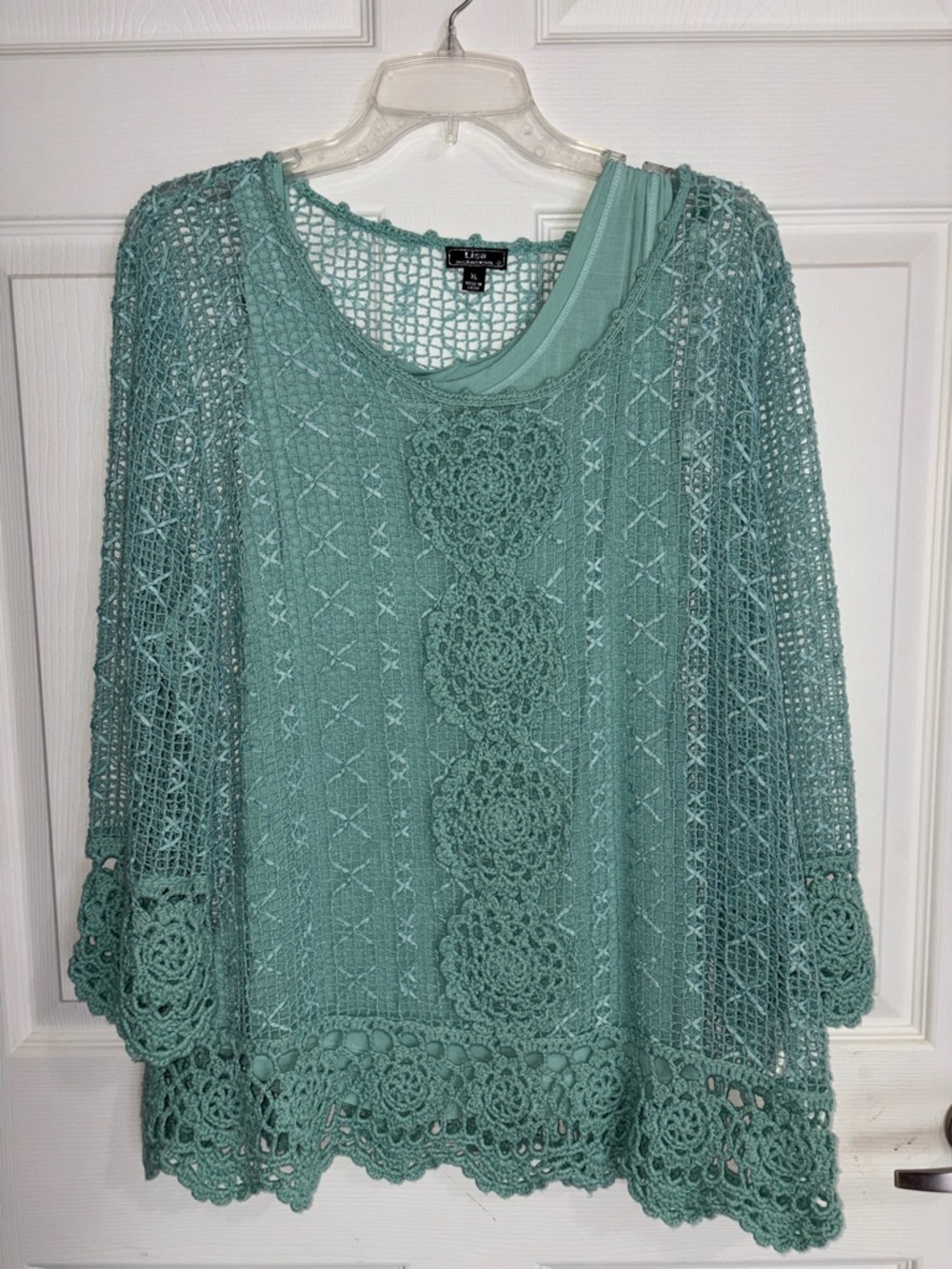Lisa International Seafoam Green Crochet Overlay Tunic with Shell